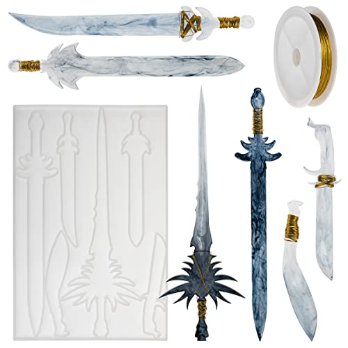 Newinglan Dagger Resin Molds with Golden Craft Wire, Dagger Atham Epoxy Resin Casting Silicone Molds, with 6 Different Shape Sword Resin Molds, Reusable Keychain, Decoration, Cosplay, Toy Epoxy Molds