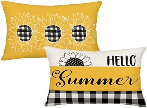 Yameeta Hello Summer Lumbar Throw Pillow Covers 12x20 Inch Set of 2 Sunflowers Yellow Farmhouse Buffalo Pillow Cover Rectangle Outdoor Plaid Floral Decorations Cushion Cases for Sofa Couch House Decor