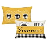 Yameeta Hello Summer Lumbar Throw Pillow Covers 12x20 Inch Set of 2 Sunflowers Yellow Farmhouse Buff