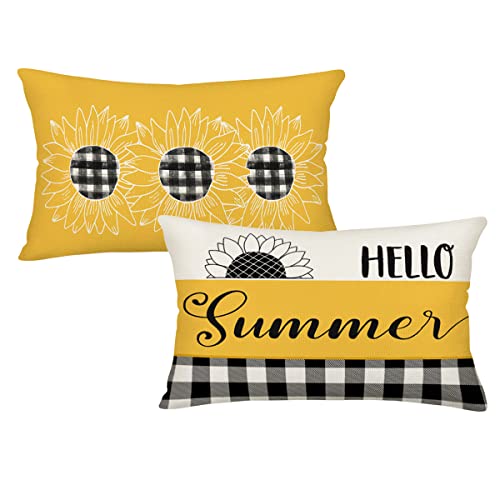 Yameeta Hello Summer Lumbar Throw Pillow Covers 12X20 Inch Set Of 2 Sunflowers Yellow Farmhouse Buffalo Pillow Cover Rectangle Outdoor Plaid Floral Decorations Cushion Cases For Sofa Couch House Decor #TOP29