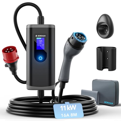 bokman Laddkabel Typ 2 CEE Kontakt Wallbox 11kW 3-fas/16A/8m med Justerbar Laddningseffekt, Elbilsladdare och Mobil Laddningsstation