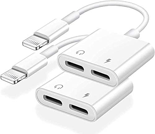 Dual Lightning Headphone Adapter, 2-in-1 iPhone Headphone Charging Jack Audio Splitter for iPhone 14/13/ 12/11/ XS/XR/X/ 8/7/ 6, MFi Certified, 2 Pack