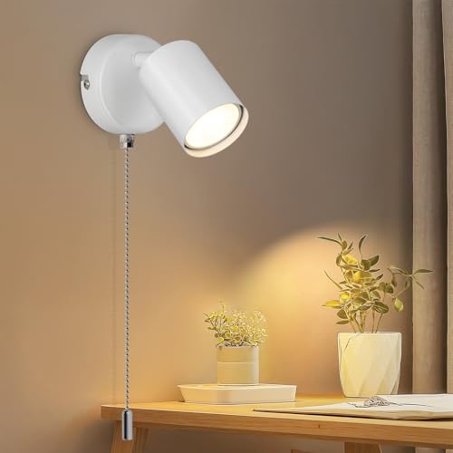 Ketom Applique Murale Intérieure GU10, Lumière Murale Avec Interrupteur à Tirette, Blanc Applique LED réglable, Luminaire Mural Moderne Industrielle pour...