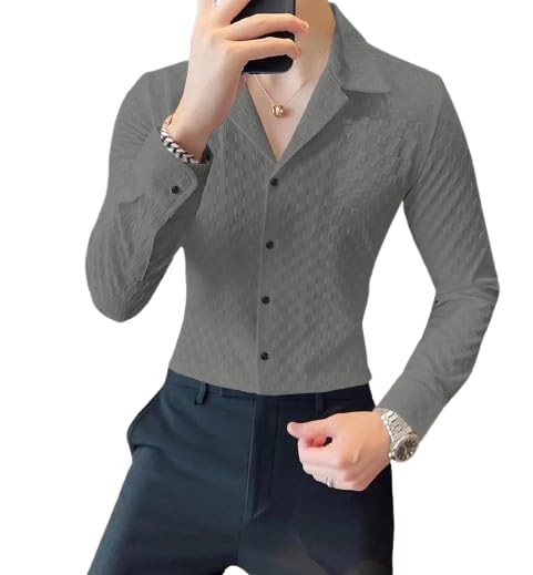 LOVINGVIBE CREATIONMen's Texture Pattern Casual Shirt | Long Sleeves Men's Shirt | Men's Solid Slim Fit Popcorn Shirt with Spread Collar | Men's Trendy Shirt | LC_Men Shirt_04_P
