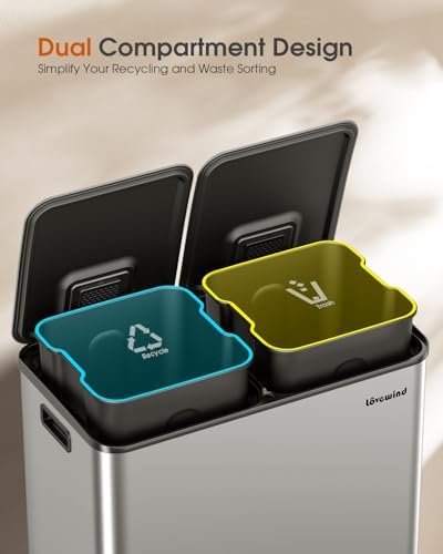 Trash Can, 2 x 10.5 Gallon (2 x 40 L) Garbage Can for Kitchen Dual Compartment Recycling Kitchen Step Trash Bin, Stainless Steel Trash and Recycle Bin Combo with Soft-Close Lid, Silver