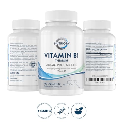 Vitamin B1 (Thiamin) Hochdosiert 200 mg Tabletten - 180 Tabletten - Veganfreundlich – Von Nutriota