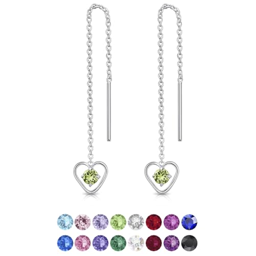 DTPsilver® Durch Ohrringe ziehen 925 Sterling Silber mit Baumelnde Herz und 3 mm runden Swarovski® Elements Kristall - Länge 68 mm - Farbe : Peridot