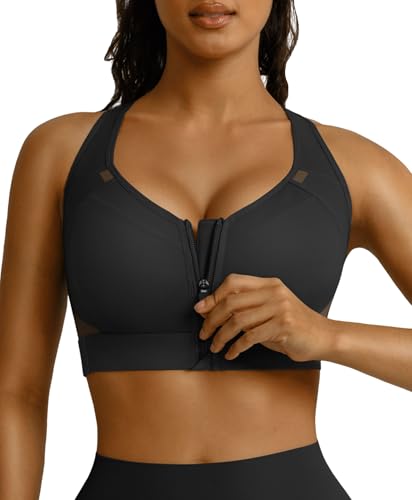 BRXL Front Zipper Sports Bras for Women Black Running Sports Bra Black M