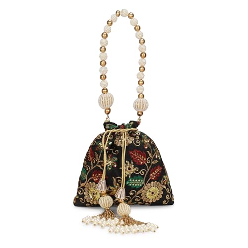 Image of LONGING TO BUY Indian Embroidered Pearl Potli Bag For Women, Sequence Design with Tassel, Wedding Potli Bags