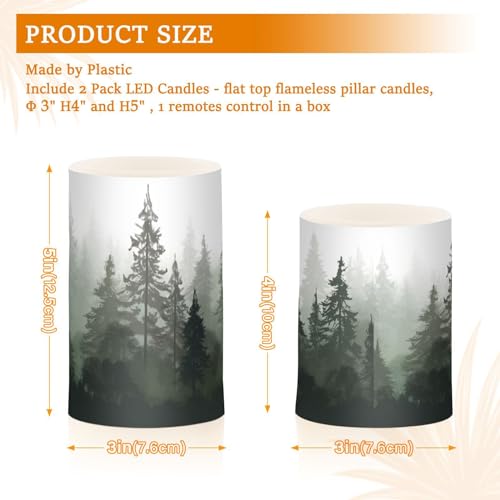Image of Pine Trees Flameless Candles with Remote - Set of 2 Battery Operated Pillar Candles for Home Decoration, Christmas, Party