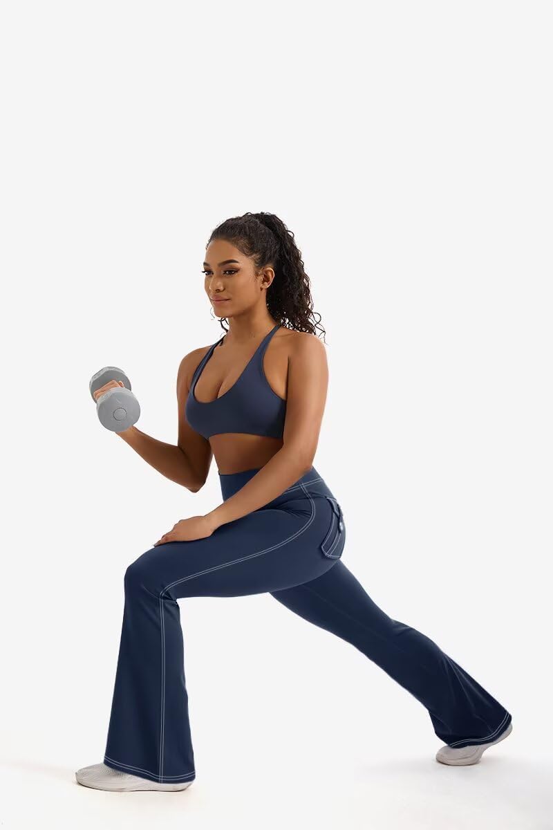 Flamingals Women's Flared Leggings Hidden Scrunch High Waist Tummy Control Butt Lifting Cargo Yoga Pants with Pockets 31.5"