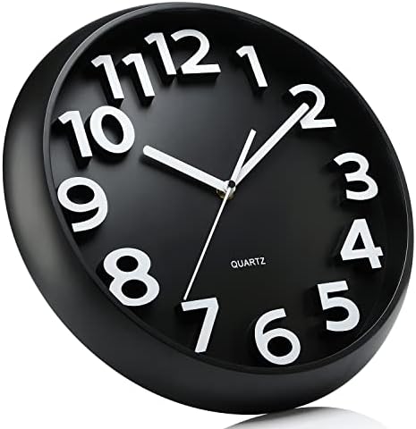 Plumeet 10'' Small Wall Clock, Non-Ticking Silent Quartz Decorative Clocks, Modern Style Good for Home Kitchen Living Room Bedroom Office, Big 3D Number Display, Battery Operated (Black)