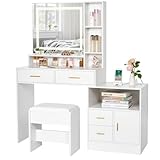 BEWISHOME White Vanity Desk with Mirror and Lights,Makeup Vanity Set with 3 Colors Modes,Dressing Table with 4 Drawers Stool Power Outlet Nightstand,Make Up Table for Women Girls Bedroom FST27W