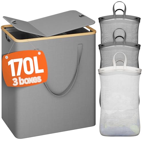 Raybee 170L Laundry Hamper with Lid 3 Section, Extra Large Laundry Basket with 3 Removable Bags, Laundry Basket Organizer for Bedroom, Laundry Room, Dorm, Clothes Hamper, Grey