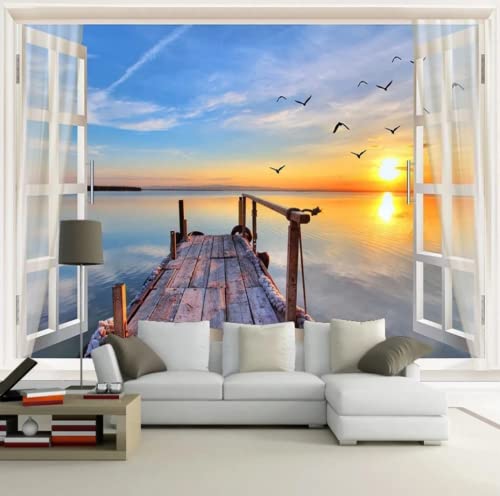 3D Fototapete Fenster Meerblick Natur Landschaft Wandbild Wohnzimmer Sofa TV Hintergrund Tapeten-250 * 175Cm Cover