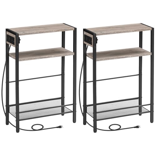 Image of HOOBRO Small Narrow Side Table with Charging Station Set of 2, Skinny End Table for Small Spaces, Slim Nightstand with USB Ports Outlet, Sofa Beside Table with Storage Shelf BG102UBZP201