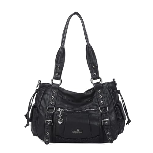Angel Kiss Shoulder Bag For Women Multi Pocket Retro Hobo Handbags Satchel Tote Bag, Black