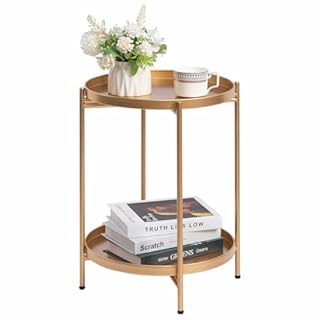 HollyHOME Gold Round Side Table Living Room Small Metal Coffee Table for Balcony Patio 2 Tier Tray End Table Nightstand for Bedroom