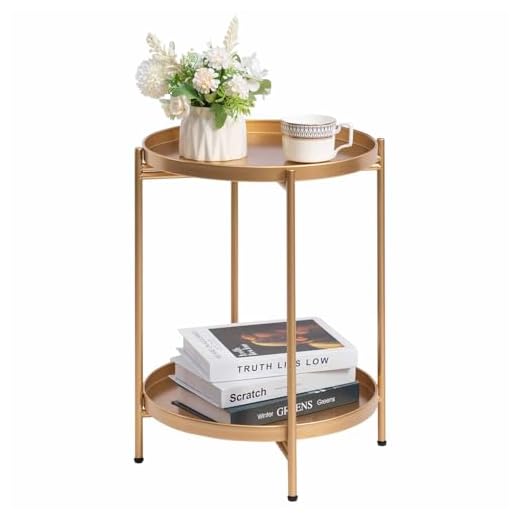 HollyHOME Gold Round Side Table Living Room Small Metal Coffee Table for Balcony Patio 2 Tier Tray End Table Nightstand for Bedroom