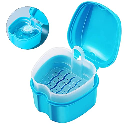 HASTHIP Denture Box Case Sanitary Denture Bath Retainer Case Portable Orthodontic Storage Container with Strainer Basket for Dentures Mouth Guard Fake Teeth Night Guard Holder Travel Soaking Cup