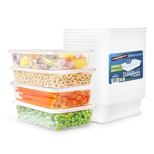 Caterserve Lot de 25 récipients alimentaires en plastique réutilisables avec couvercles (500 ml) pour la conservation des aliments et la préparation des repas - Passent au micro-ondes et au
