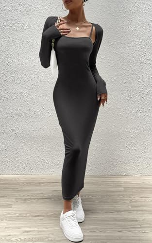Image of Women's Spring Fall 2 Piece Outfits Slip Bodycon Maxi Dress and Long Sleeve Cropped Cardigan Knit Matching Sets