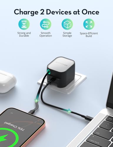 Image of RAVPower 45W GaN PD Fast Charger with Retractable Type-C Cable | 2-Port Wall Adapter (2 USB-C)| Foldable Pin Travel Charger for iPhone, Samsung,Vivo,Oppo,iPad, MacBook & Type C Laptop