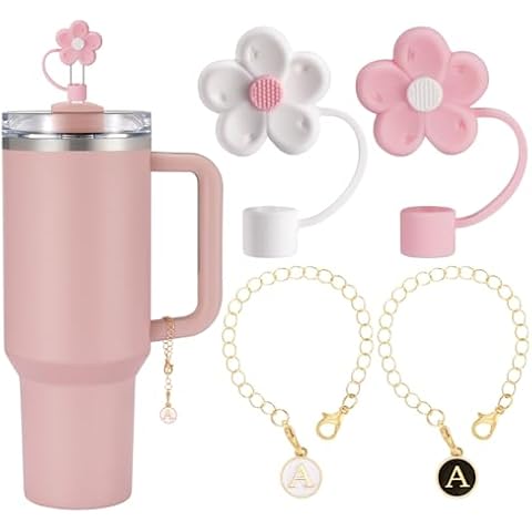 2 PCS for Stanley Straw Cover Cap&2 PCS for Stanley Charms for Handle for Stanley Cup Accessories Cute Silicone Water Bottle Stopper Pink&White Straw Topper 40 oz 30 oz Tumbler Initial Charm(Letter A) Cover