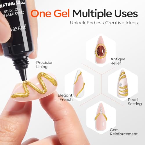 Image of modelones Gold 3D Gel Nail Art, 15g Metallic Sculpting Gel for Molding Painting Carving Nail Design Charms & Gems Glue Decoration No Wipe U V Home Salon DIY Manicure