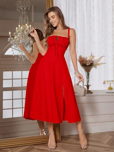 Image of Solid Lace Up Backless Ruched Boning Spaghetti Strap Slim Fit Long Cami Dress for Women's & Girl's