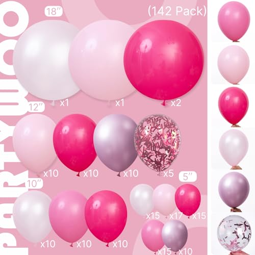 Image of PartyWoo Hot Pink Balloon Arch Kit Garland 142pcs Different Sizes of 18 12 10 5 Inch Magenta Fuchsia Light Baby Pastel Pale Pearl Metallic Pink Balloons for Baby Shower Birthday Party Decorations