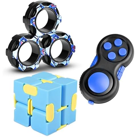 Dr.Kbder 3PC Fidget Toys Adults Set, Cool Mini Gadget Sensory Pack with Infinity Fidgets Cube Figette Pad Magnetic Rings ADHD Anxiety Relief Stress Toys for Teen Office Desk Toy for Boy & Girls -Blue Cover