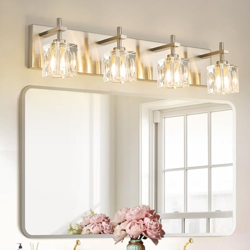 Image of VitaLink Modern Crystal Bathroom Vanity Light 24-Inch Vanity Light Over Bathroom Mirror 4-Light Wide Backplate Wall Light for Bathroom Living Room