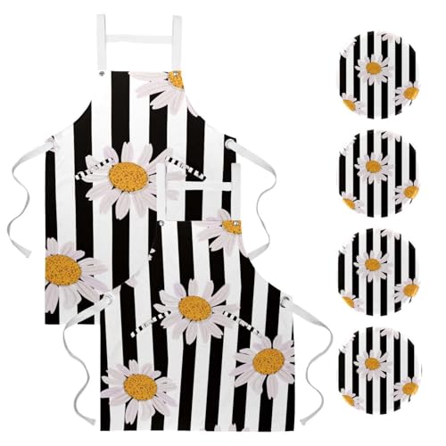 Tabliers de cuisine fleur de marguerite en lot de 2 avec broches pour bar et bistrot