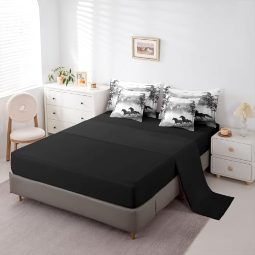 Image of Galloping Horse Full Size Bed Sheets and Comforter Set | Cowboy Farm Animal 7 Piece Bedding Set Smoky Mountain Western Bed in a Bag,Black and White Ink Painting Plant Rainforest Folk Retro Room Decor