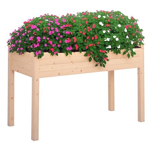 Outsunny Jardinière sur Pieds Potager dim. 122L x 56l x 76H cm Inserts d'irrigation + Feutre de Drainage Inclus Bois Massif Sapin, Effet Bois Naturel