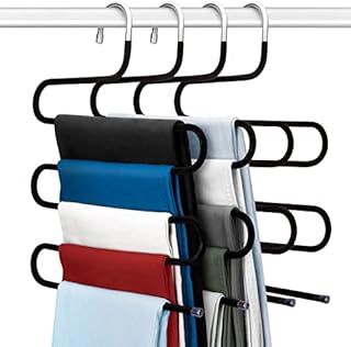 Velvet hangers4 Pack Trouser Hangers Space Saving hangers for clothes S-Type 5-Bar coat hangers with velvet multi trouser hangers non-slip pants hangers for Trousers Scarfs Jeans Clothes Towels