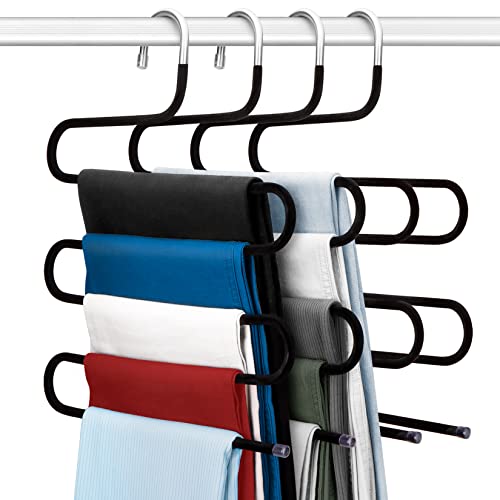 Perchas de Terciopelo, Paquete de 4 Perchas para Pantalones de Ahorro de Espacio, Tipo S, 5 Bares, con Terciopelo, Multi-Perchas Antideslizantes para Pantalones, Bufandas, Vaqueros, Ropa y Toallas Cover