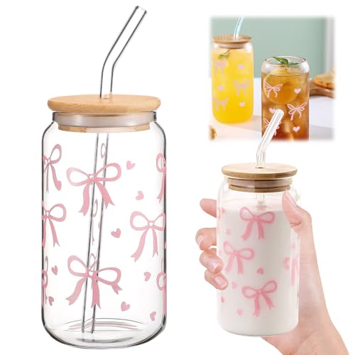 Pink Bow Glass Cup Set - 16 Oz Bow Glass Mug with Lid & Straw - Can Shaped Transparent Tumbler - Aesthetic Gifts for Women & Friends