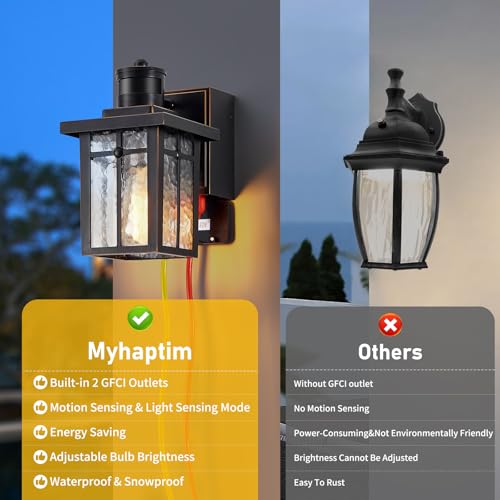 Myhaptim Porch Lights with GFCI Outlet,Dusk to Dawn Motion Sensor Outdoor Lights,3 Lighting Modes Black Front Door Light,Waterproof Exterior Light Fixture,Outside Wall Lamp for House Patio Garage by Myhaptim - Image 7