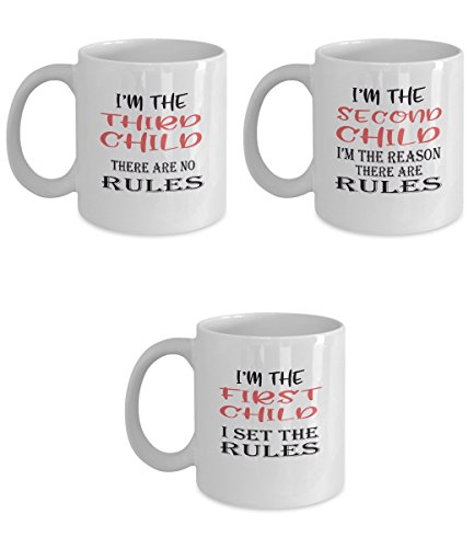 Jeeves4Tees Funny Mugs for Families with Three Children - Rules - Set of Mugs - Three Kids - First Child “I Set the Rules”, Second Sibling “I’m the Reason There Are Rules”, Third “There Are No Rules”
