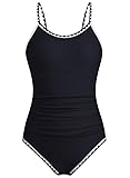 XiaoMoSha Swimming Costume Girls One Piece Bathing Suit with Adjustable Straps Color Contrast Trim for Teens Girls, 15-16 Years, Black