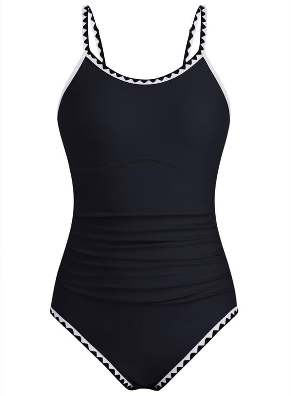 XiaoMoSha Swimming Costume Girls One Piece Bathing Suit with Adjustable Straps Color Contrast Trim for Teens Girls 12-13 Years Black