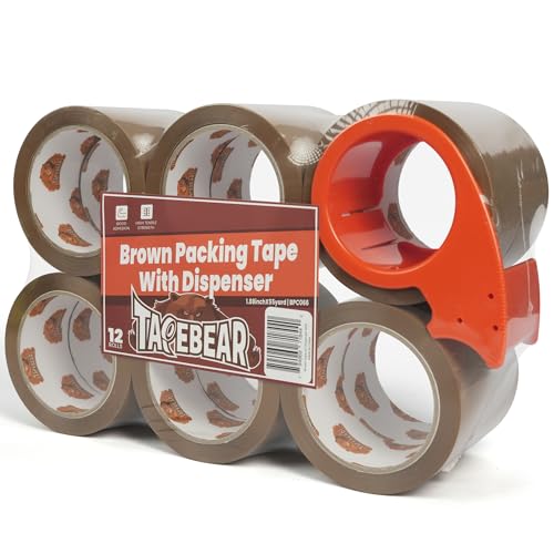 Image of TAPEBEAR Brown Packing Tape with Dispenser, 2.6mil Thick, 1.88 inch x 55Yard