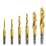 Bonsicoky 6 Pcs Combination Tap and Drill Bit Set, Multi Use Countersink Hex Bit Set, M3 M4 M5 M6 M8 M10, Gold
