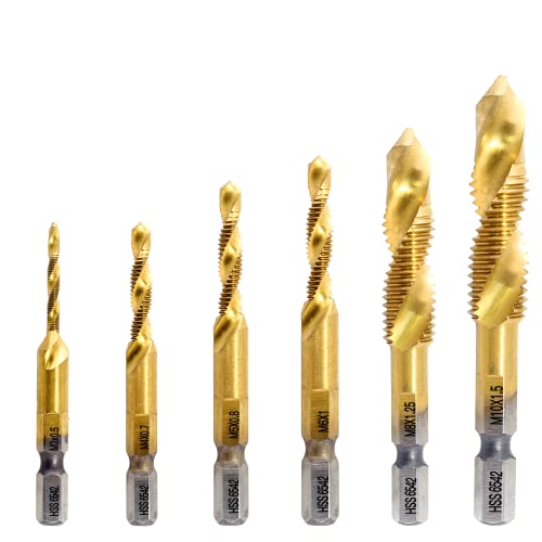 Bonsicoky 6 Pcs Combination Tap and Drill Bit Set, Multi Use Countersink Hex Bit Set, M3 M4 M5 M6 M8 M10, Gold