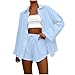 Two Piece Sets for Women Summer Lounge Wear Matching Two Piece Fashion Long Sleeve Oversized Shirts and Shorts Outfit Clothes Light Blue