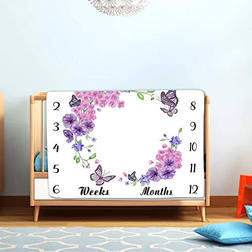Image of Baby Monthly Milestone Blanket - Floral Butterfly Pattern, Purple, 48x40 Inch, Swaddling & Photo Memory Blanket for Girls