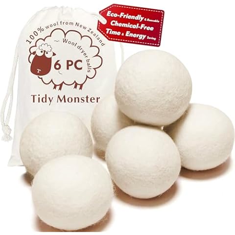 6 Pack All Natural Organic Wool Dryer Balls XL Size - Reusable Chemical Free Natural Fabric Softener, Anti Static, Reduces Clothing Wrinkles and Saves Drying Time Cover