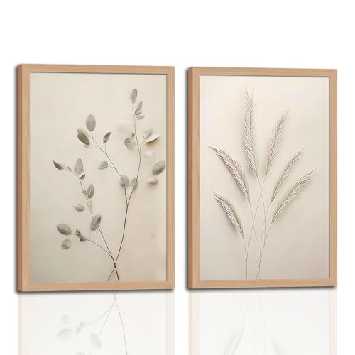2Pcs Framed Canvas Wall Art Set Elegant Beige plant Floral